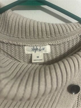 Style & Co. Taupe Ribbed Button-Front Turtleneck Cardigan